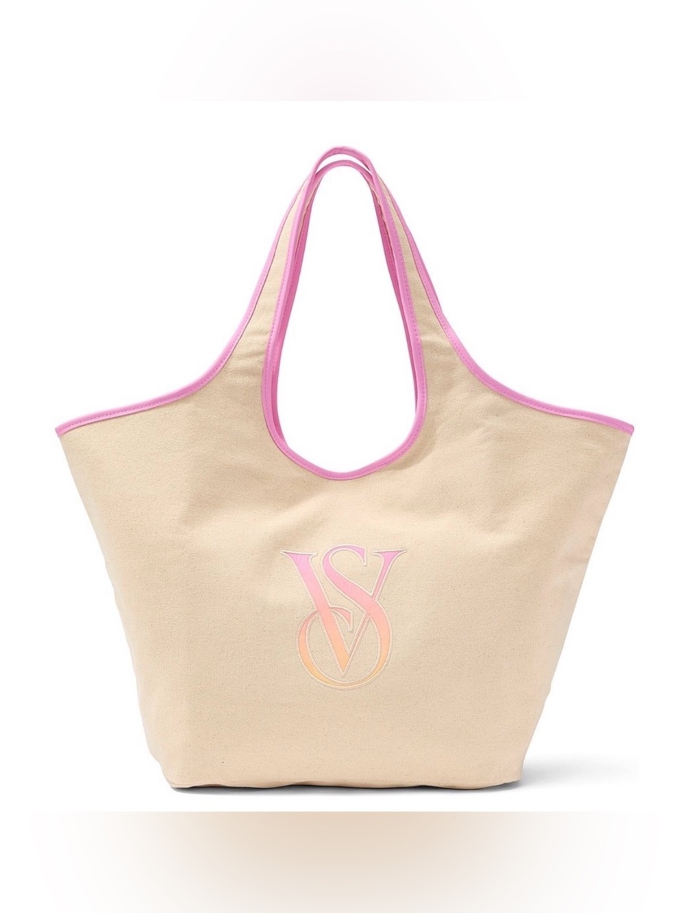 Victoria's Secret Beige Canvas Tote with Pink Trim